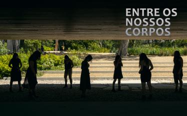 performance jardim FCG, alunos em contraluz